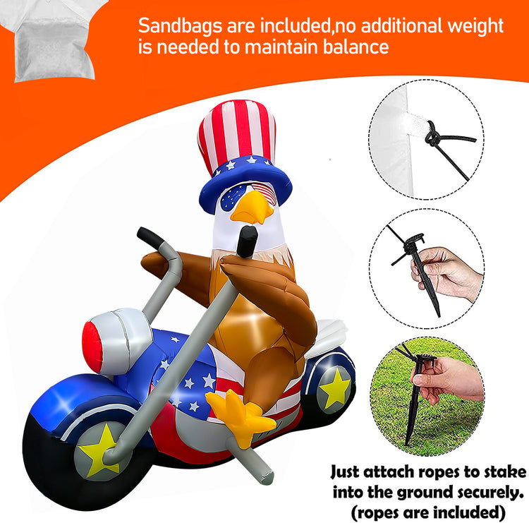 6 FT Patriotic Independence Day 4th of July Inflatables, Eagle Sitting on Motorcycle Blow up Yard Decorations Build-in LED Lights for Party Lawn Decor