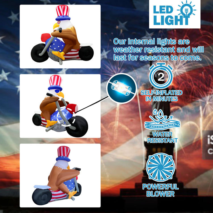 6 FT Patriotic Independence Day 4th of July Inflatables, Eagle Sitting on Motorcycle Blow up Yard Decorations Build-in LED Lights for Party Lawn Decor