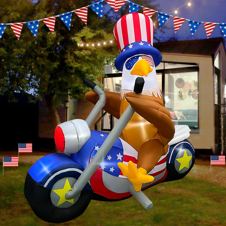 6 FT Patriotic Independence Day 4th of July Inflatables, Eagle Sitting on Motorcycle Blow up Yard Decorations Build-in LED Lights for Party Lawn Decor