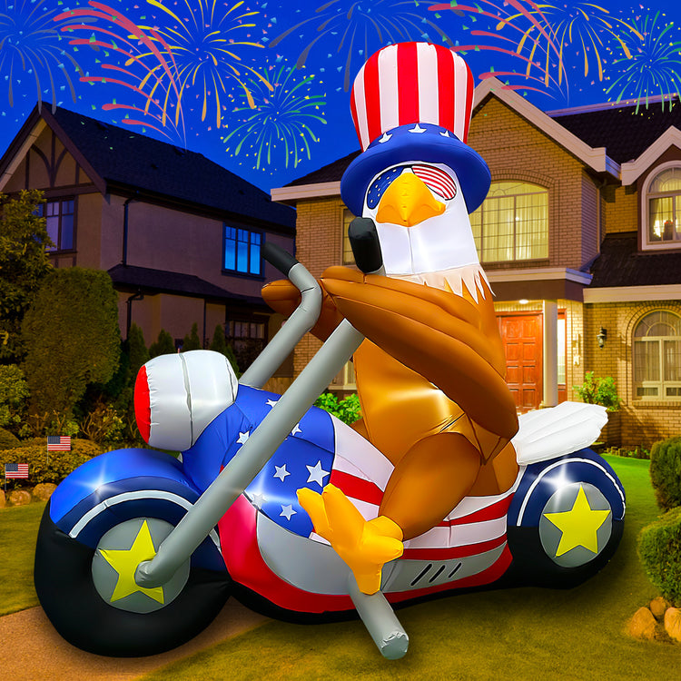 6 FT Patriotic Independence Day 4th of July Inflatables, Eagle Sitting on Motorcycle Blow up Yard Decorations Build-in LED Lights for Party Lawn Decor