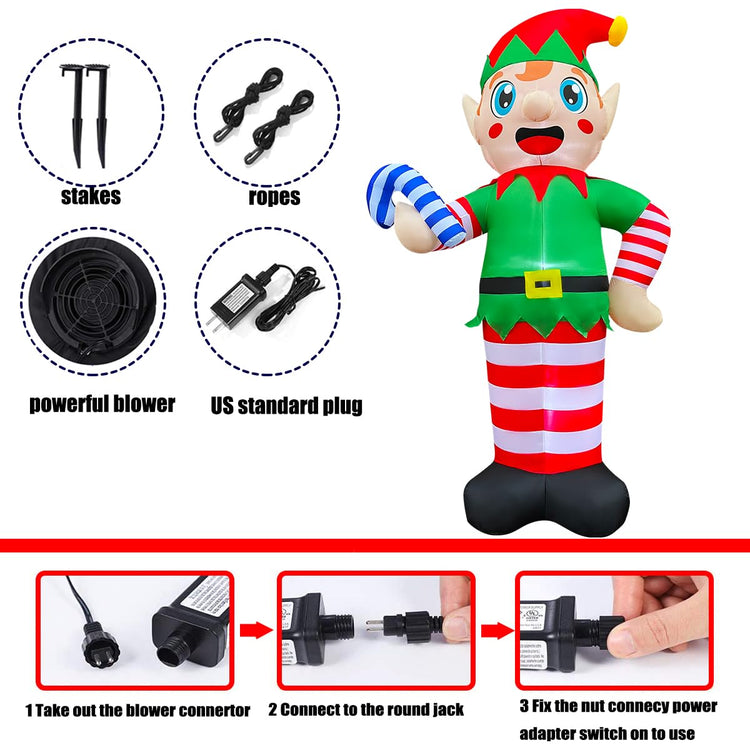 12 FT LED Light Up Inflatable Christmas Giant Elf Holds Candy Cane Decoration for Yard Lawn Garden Home Party Indoor Outdoor