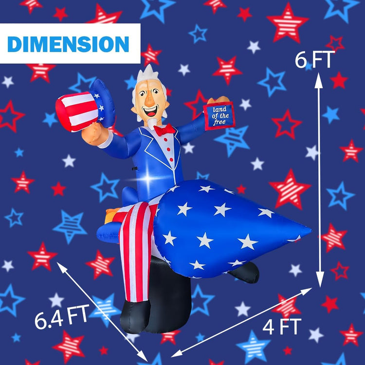 6 FT Independence Day Inflatable Uncle Sam on Rocket Decorations Patriotic 4th of July Blow Up for Home Yard Lawn Garden Indoor Outdoor Memorial Day Decor