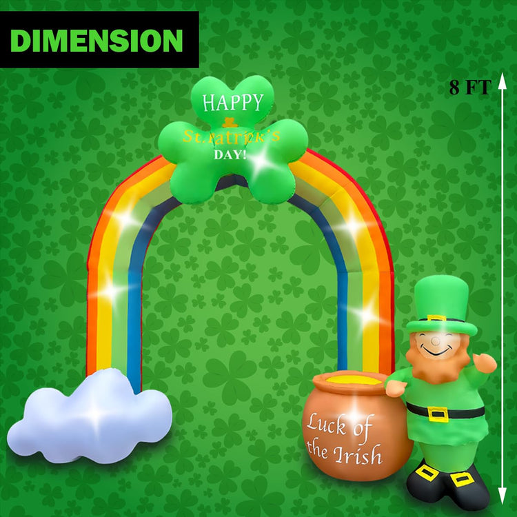 8 FT St Patricks Day Inflatable Rainbow Archway with Pot Decoration Blow Up Leprechaun LED Lighted for Indoor Outdoor Holiday Art Decor