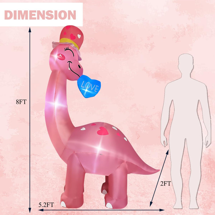 8 Ft Valentine's Day Inflatable Dinosaur Light Up Decoration Blow Up Brachiosaurus for Birthday Wedding Anniversary Party Decor