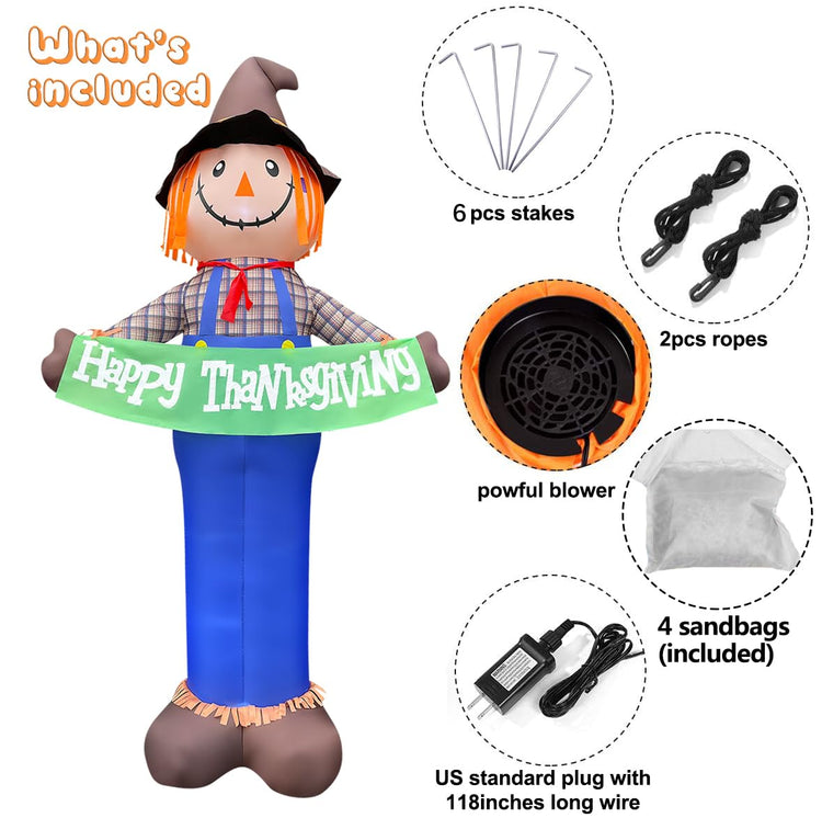 10ft Gaint Inflatable Thanksgiving Scarecrow with Built-in LED Lights Blow Up for Fall Autumn Harvest Indoor Outdoor Front Door Yard Lawn Garden Decor