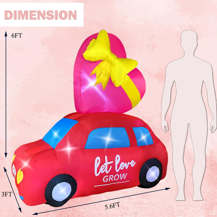 6FT Valentine's Day Inflatable Car with Heart Decoration, Blow Up Love Taxi Lighted for Birthday Wedding Anniversary Party Decor
