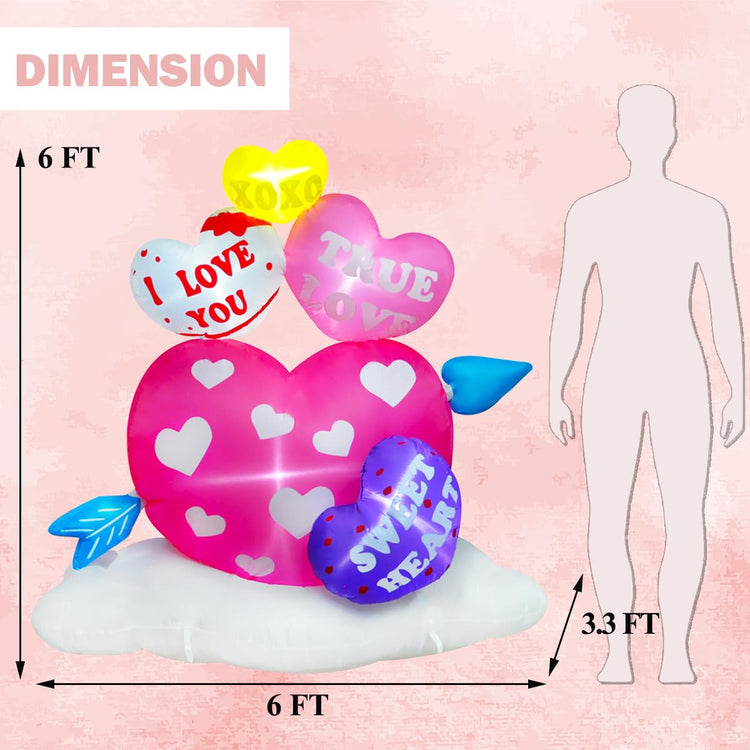 6ft Inflatable Valentine Hearts with Arrow Decoration, LED Blow Up Lighted Decor Indoor Outdoor Holiday Art Decor Decorations Clearance