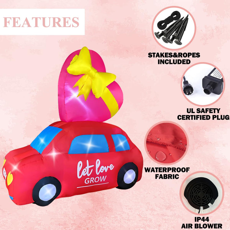 6FT Valentine's Day Inflatable Car with Heart Decoration, Blow Up Love Taxi Lighted for Birthday Wedding Anniversary Party Decor