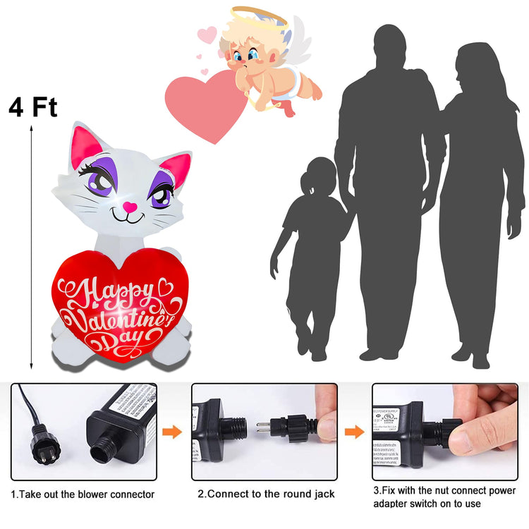 4 Ft Valentine's Day Inflatable Cat with Love Heart Light Up Decoration Blow Up for Birthday Wedding Anniversary Party Decor