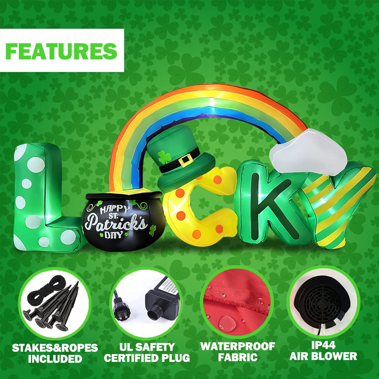 6.5 Foot Long St. Patrick Day Inflatable Lucky Letters with Gold Pot and Rainbow Decoration for Indoor Outdoor Blow Up Lawn Yard Decor