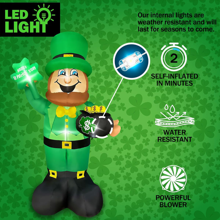 5.6 Foot St Patricks Day Inflatable Leprechaun Holding Shamrock and Pot of Gold Blow Up LED Lighted for Indoor Outdoor Holiday Art Decor