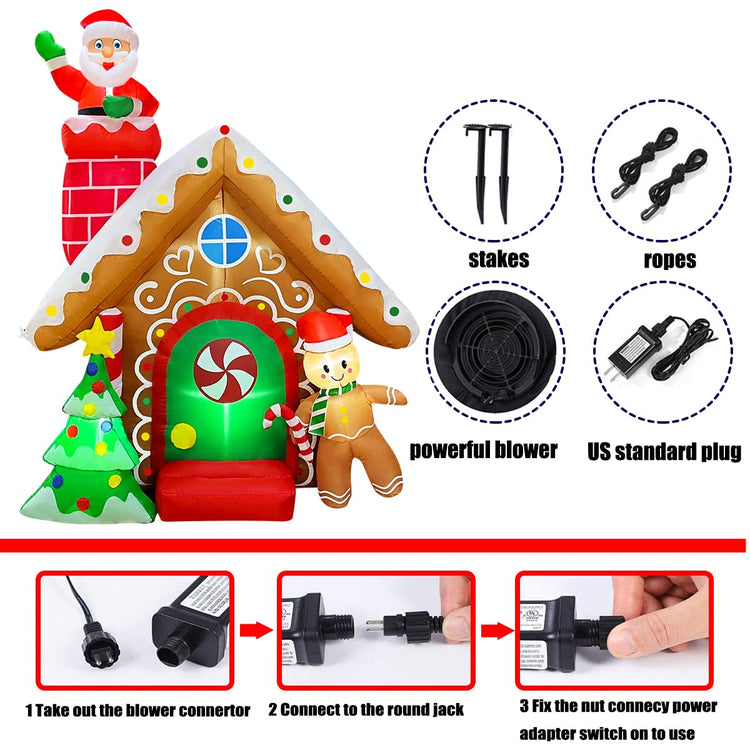 7 FT Christmas Inflatables Santa Claus Gingerbread House with Tree Decoration Blow Up Built-in LED for Holiday Lawn Yard Garden Home Indoor Outdoor