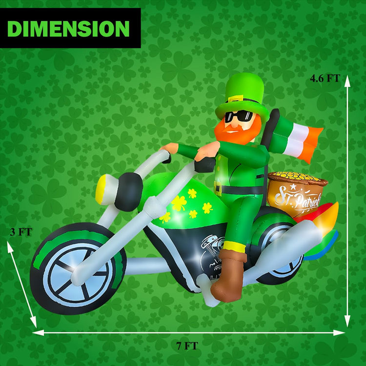 7ft St. Patrick's Day Inflatable Leprechaun on Motorcycle with Golden Pot Decoration Blow Up LED Lighted for Indoor Outdoor Holiday Art Decor