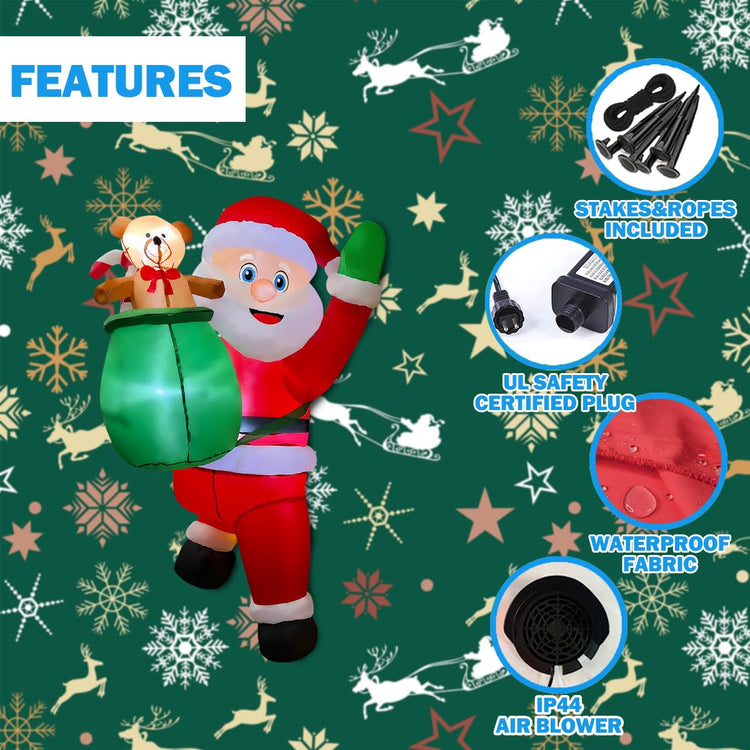 3.4ft Christmas Inflatable Hanging Santa with Gift Bag Decorations, Blow Up Climbing Santa with Build-in LED for Xmas Party, Outdoor, Yard, Garden, Lawn Winter Decoration