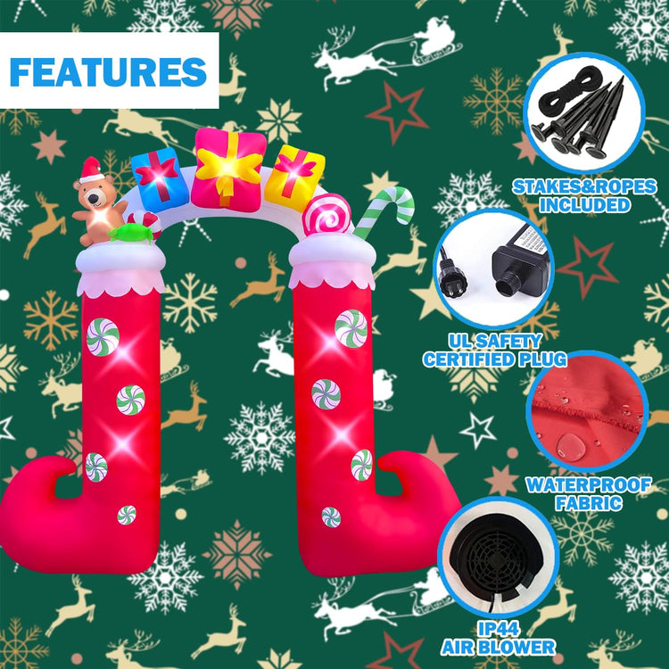 9ft Inflatable Christmas Archway with Gift Box, Bear & Candy Decoration, LED Blow Up Lighted Decor Indoor Outdoor Holiday Art Decor Decorations