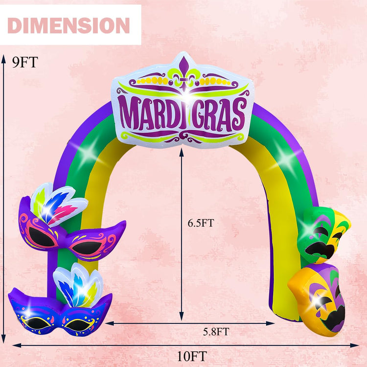 9 FT Mardi Gras Inflatable Arch with Mask Decoration Blow Up Mardi Gras Archway Lighted for Carnival Party Yard Decor