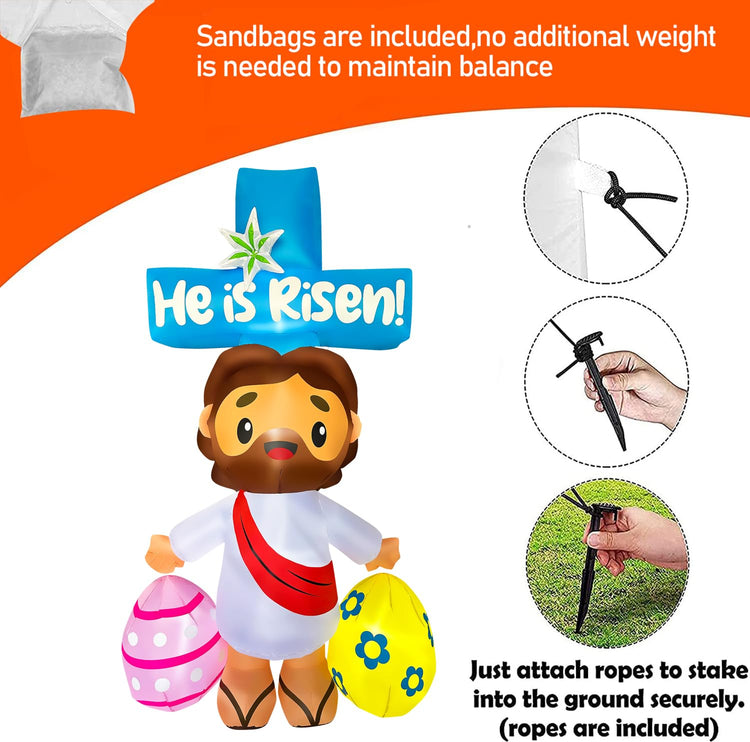 6 FT Easter Inflatable Jesus with Egg Decorations He is Risen Yard Sign for Yard Garden Lawn Indoors Outdoors Home Holiday