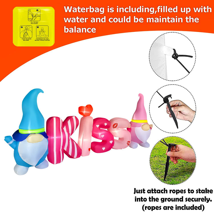 8 Ft Long Valentine's Day Inflatable Kiss Letters with Gnomes Light Up Decoration Blow Up for Birthday Wedding Anniversary Party Decor