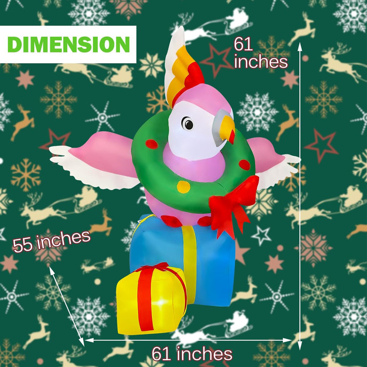 5ft Inflatable Christmas Parrot with Gift Box Decoration, LED Blow Up Lighted Decor Indoor Outdoor Holiday Decor