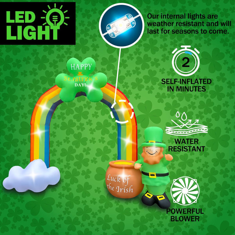 8 FT St Patricks Day Inflatable Rainbow Archway with Pot Decoration Blow Up Leprechaun LED Lighted for Indoor Outdoor Holiday Art Decor