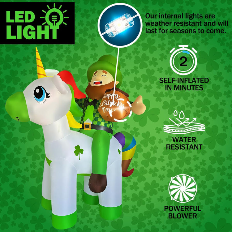 6ft Inflatable St Patricks Day Leprechaun Riding Unicorn Decoration LED Blow Up Lighted Decor Indoor Outdoor Holiday Art Decor