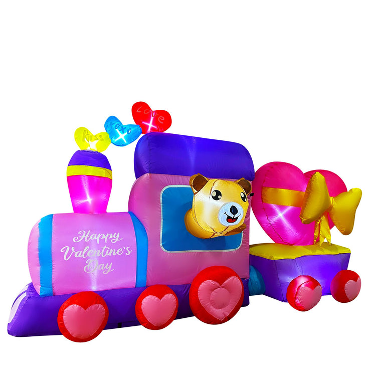 8 FT Inflatable Valentine's Day Train with Bear Heart LED Light Up Decoration for Lawn Yard Garden Indoor Outdoor Party Decor