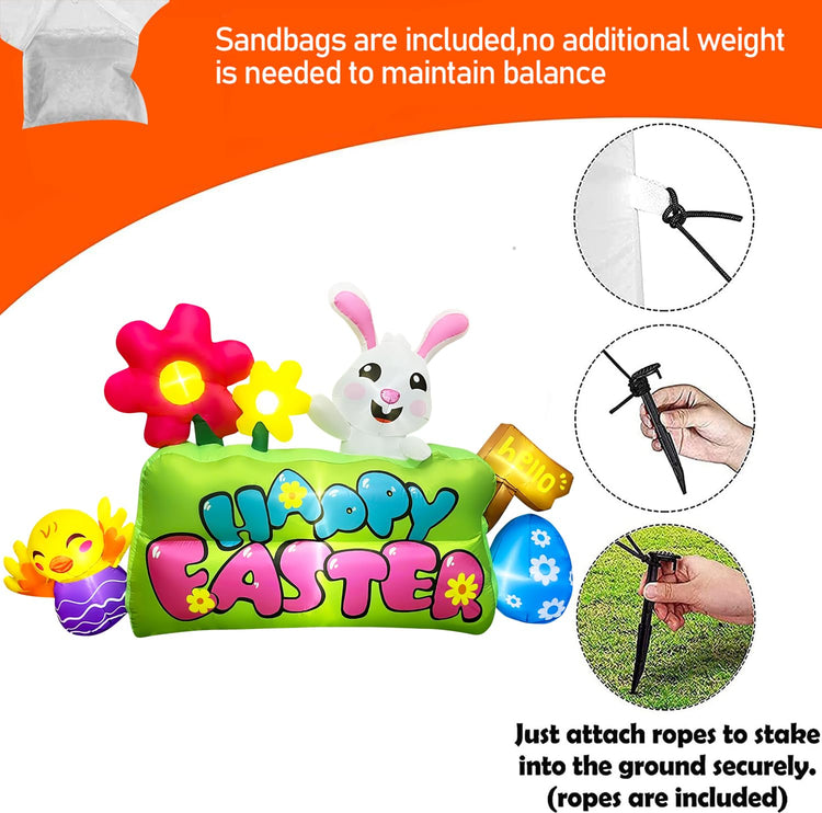 8FT Length Easter Inflatable Decorations with LED Lights,Inflatable Bunny Chick Egg Flowers with Happy Easter Sign for Yard Garden Lawn Indoors Outdoors Home Holiday
