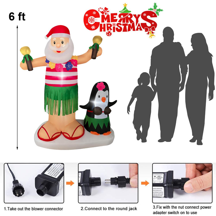 6 Ft Inflatable Hawaiian Hula Santa with Penguin,Inflatable Decoration Dancing Santa Claus,Built-in Led Lights & Shaking Device,Christmas Blow up Indoor Outdoor Yard