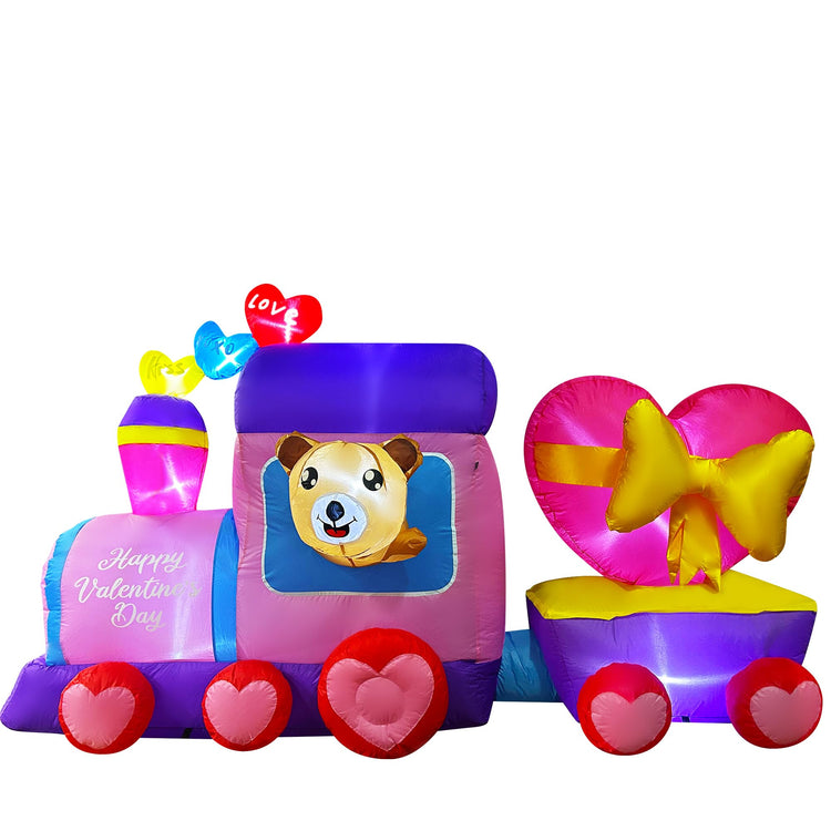 8 FT Inflatable Valentine's Day Train with Bear Heart LED Light Up Decoration for Lawn Yard Garden Indoor Outdoor Party Decor
