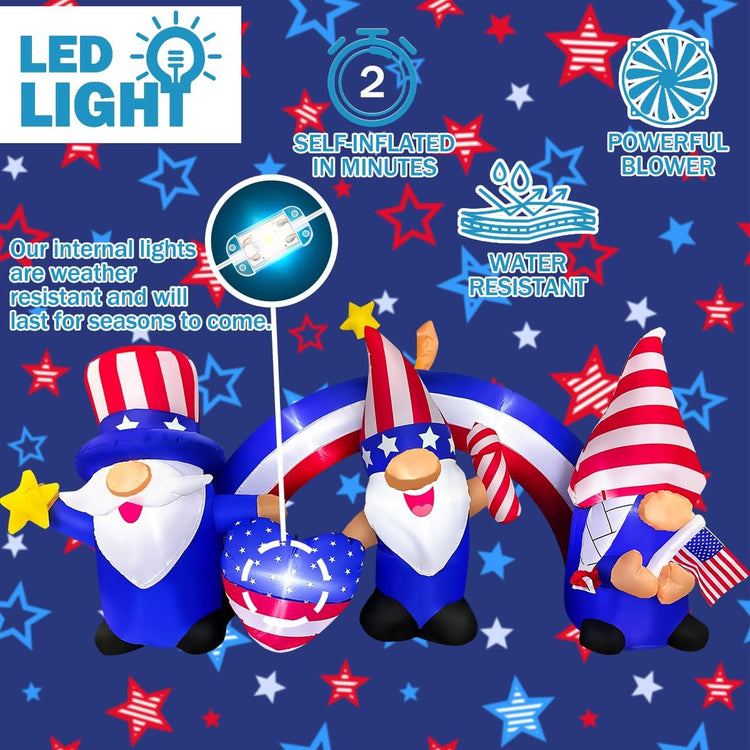 7 FT Independence Day Inflatable 3 Gnomes with Archway Decorations Patriotic 4th of July for Home Yard Lawn Garden Indoor Outdoor Memorial Day Decor