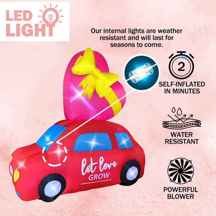 6FT Valentine's Day Inflatable Car with Heart Decoration, Blow Up Love Taxi Lighted for Birthday Wedding Anniversary Party Decor