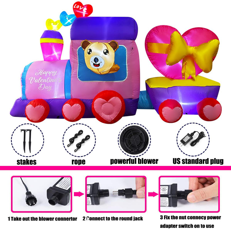 8 FT Inflatable Valentine's Day Train with Bear Heart LED Light Up Decoration for Lawn Yard Garden Indoor Outdoor Party Decor