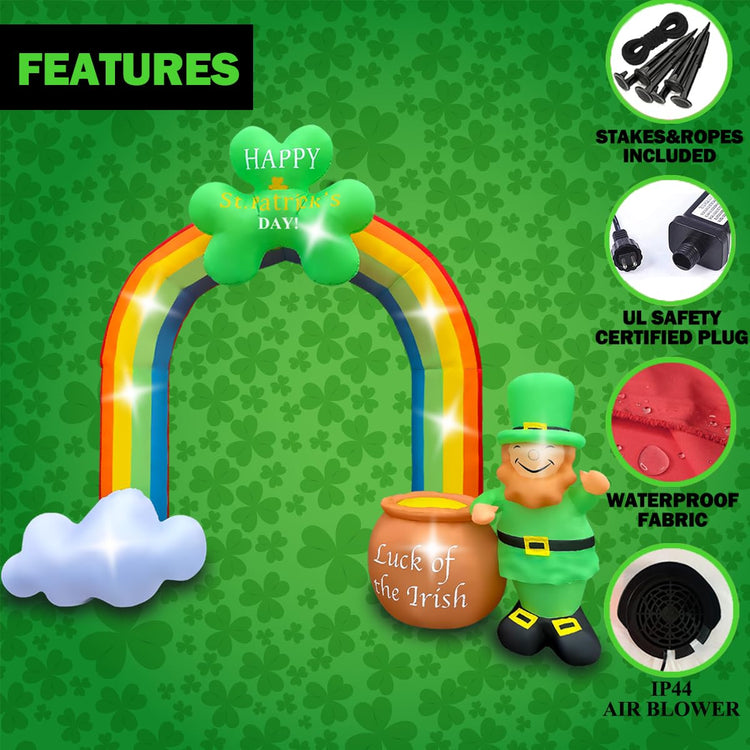8 FT St Patricks Day Inflatable Rainbow Archway with Pot Decoration Blow Up Leprechaun LED Lighted for Indoor Outdoor Holiday Art Decor