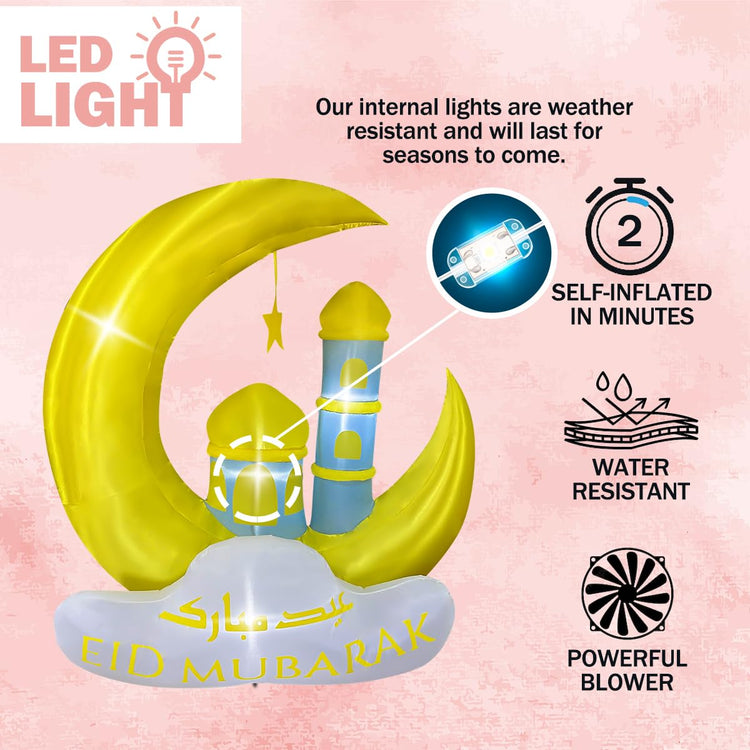 5FT Inflatable Muslim/Islamic Ramadan Moon Castle LED Lighted Blow Up Eid Mubarak Sign Decoration for Celebrate Fasting, Introspection, and Prayer