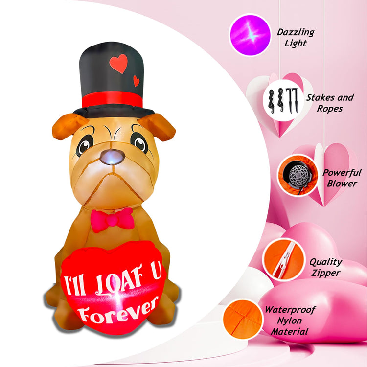 4 Ft Valentine's Day Inflatable Bulldog with Heart Light Up Decoration Blow Up Shar Pei Dog for Birthday Wedding Anniversary Party Decor