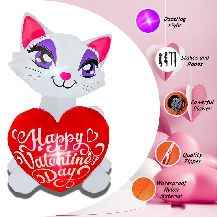 4 Ft Valentine's Day Inflatable Cat with Love Heart Light Up Decoration Blow Up for Birthday Wedding Anniversary Party Decor