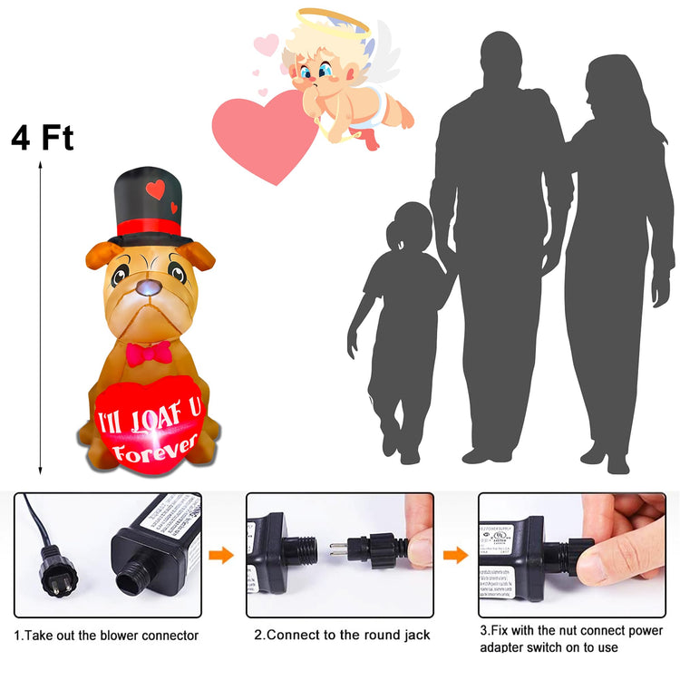 4 Ft Valentine's Day Inflatable Bulldog with Heart Light Up Decoration Blow Up Shar Pei Dog for Birthday Wedding Anniversary Party Decor