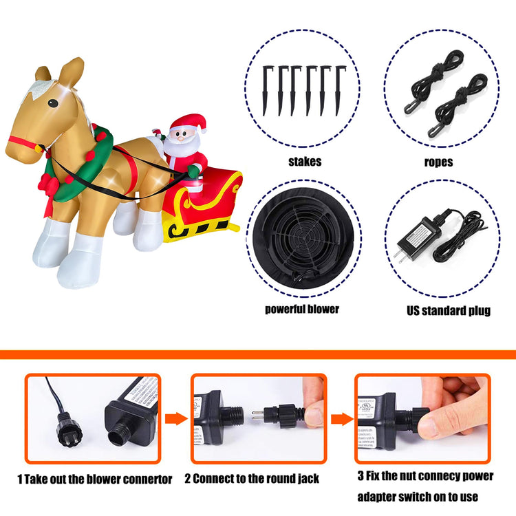 7FT Length Christmas Inflatable Horse Pulling Santa's Sleigh Decorations LED Lighted Xmas Santa Claus Blow Up for Party Indoor Outdoor Garden Yard Decor