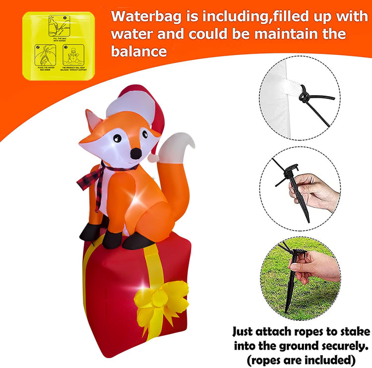 5 FT Christmas Inflatable Fox Standing on The Gift Box Decorations LED Lighted Xmas Blow Up for Party Indoor Outdoor Garden Yard Decor