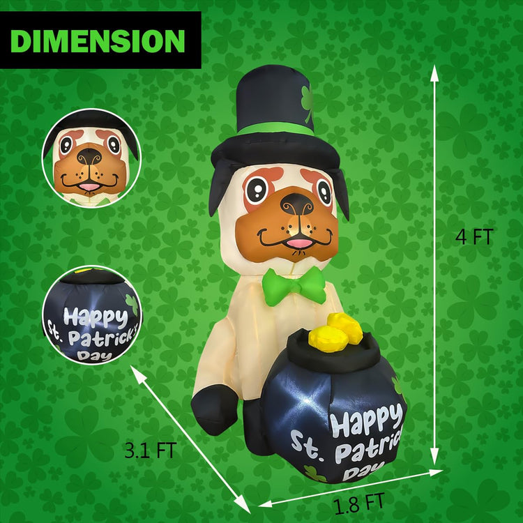 4FT St. Patrick's Day Inflatable Bulldog with Gold Coin Pot Decoration Blow Up Shar Pei Dog LED Lighted for Indoor Outdoor Holiday Art Decor