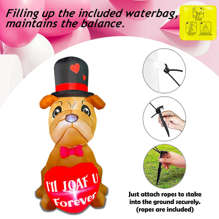 4 Ft Valentine's Day Inflatable Bulldog with Heart Light Up Decoration Blow Up Shar Pei Dog for Birthday Wedding Anniversary Party Decor