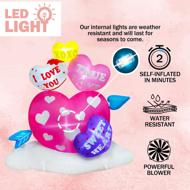 6ft Inflatable Valentine Hearts with Arrow Decoration, LED Blow Up Lighted Decor Indoor Outdoor Holiday Art Decor Decorations Clearance