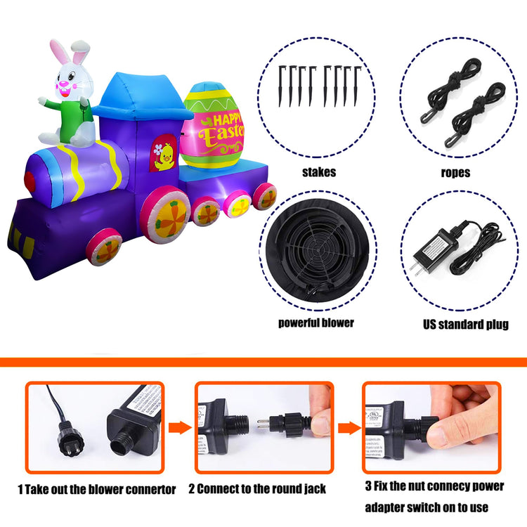 8 FT Easter Inflatable Bunny Train with Egg Decorations Happy Easter Sign Decor for Yard Garden Lawn Indoors Outdoors Home Holiday