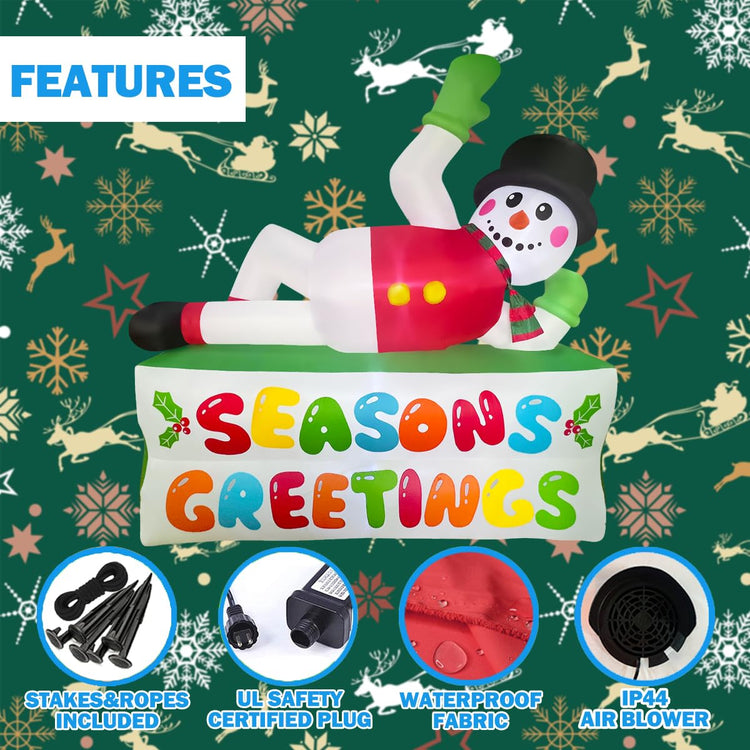 7ft Length Inflatable Christmas Lounging Snowman Lighted Blow Up Decoration, LED Blow Up Lighted Decor Indoor Outdoor Holiday Decor