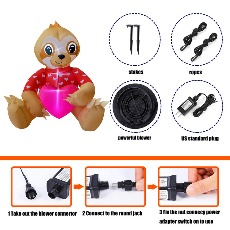 3.5 Ft Valentine's Day Inflatable Sloth with Heart Light Up Decoration Blow Up for Birthday Wedding Anniversary Party Decor