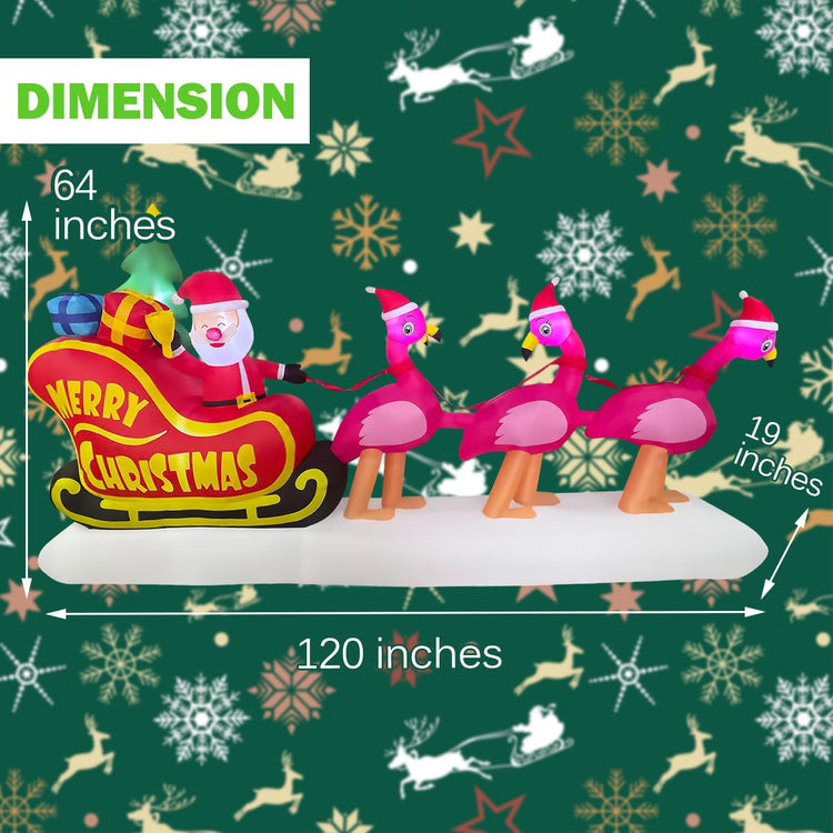 10ft Long Inflatable Christmas Flamingo Pull The Sleigh Take Santa Claus Xmas Decoration, LED Blow Up Lighted Decor Indoor Outdoor Holiday Art Decor Decorations