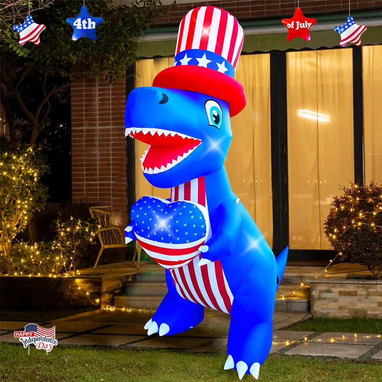 8 Ft Independence Day Inflatable Dinosaur with Heart Decorations LED Light Blow Up Patriotic 4th of July Day Decor for Lawn Yard Garden Home Outdoor Indoor