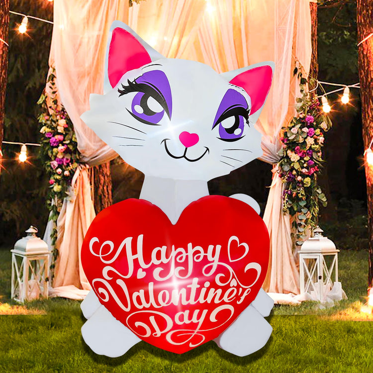 4 Ft Valentine's Day Inflatable Cat with Love Heart Light Up Decoration Blow Up for Birthday Wedding Anniversary Party Decor