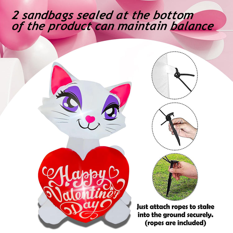 4 Ft Valentine's Day Inflatable Cat with Love Heart Light Up Decoration Blow Up for Birthday Wedding Anniversary Party Decor