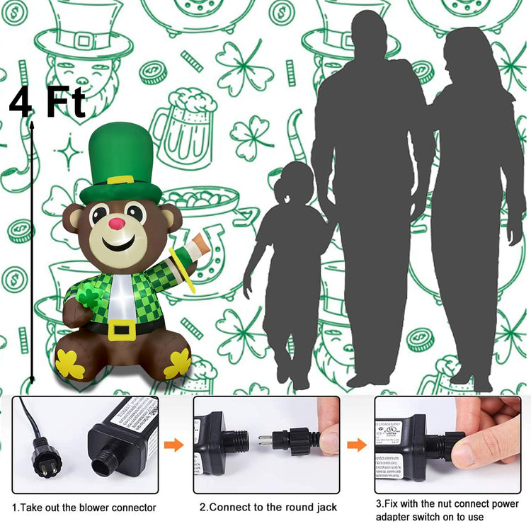 4Ft Inflatable St Patricks Day Bear Decoration LED Light Up Blow up for Home Yard Lawn Garden Indoor Outdoor Party Holiday Decor